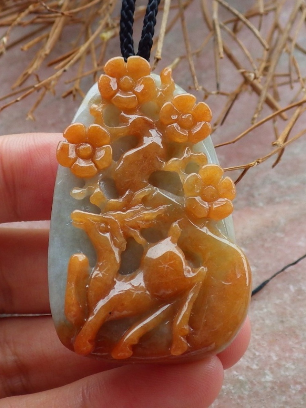 Certified Hand Carved Burma Natural A Jade jadeite Deer Flower Pendant Necklace